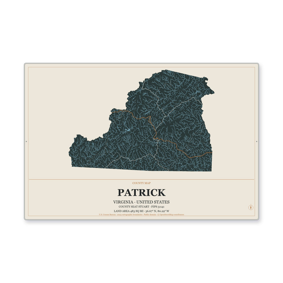 Patrick County, Virginia Map Aluminum Sign in Headline Atlas style