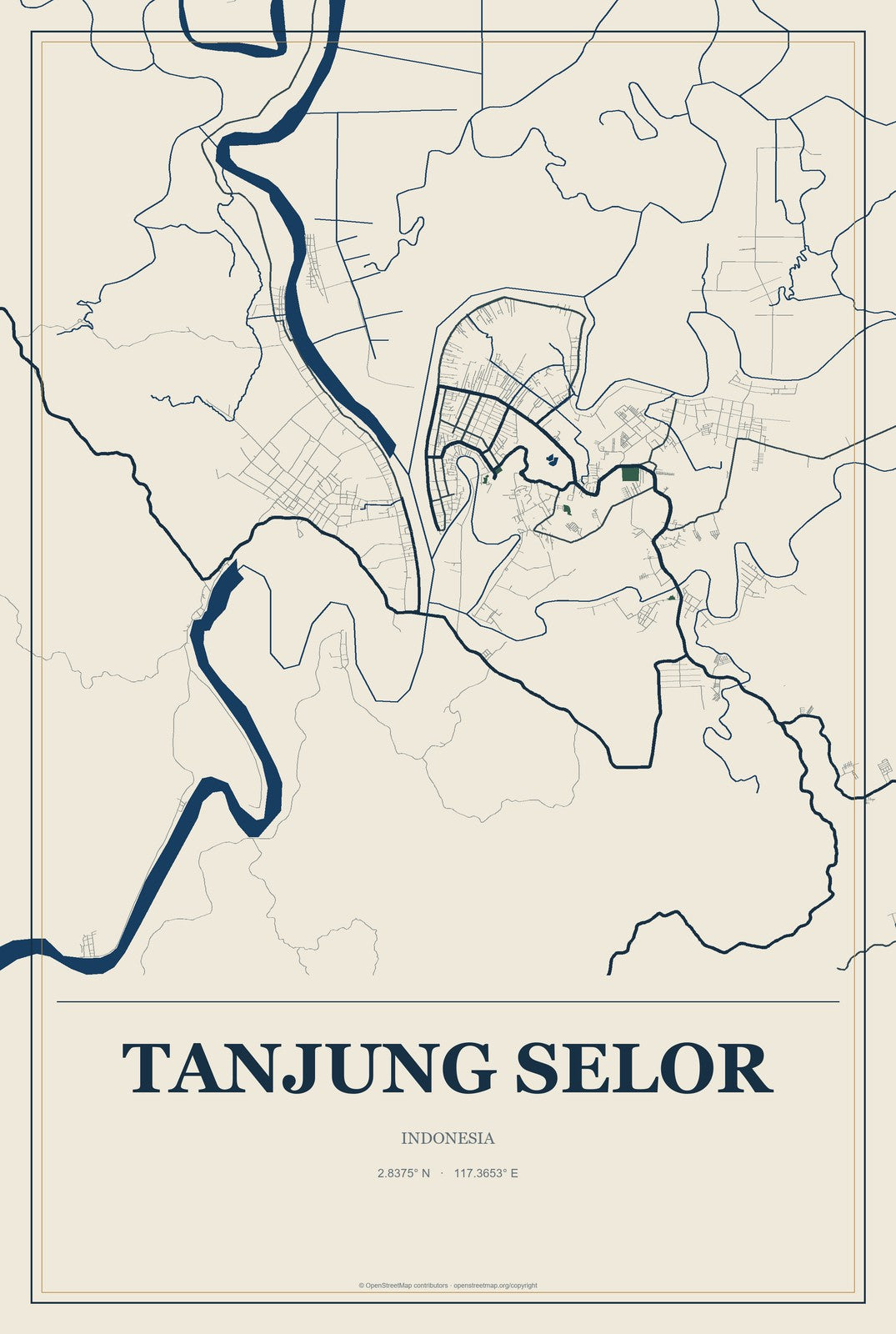 Tanjung Selor, Indonesia City Map Aluminum Sign in Coastal Cutout style