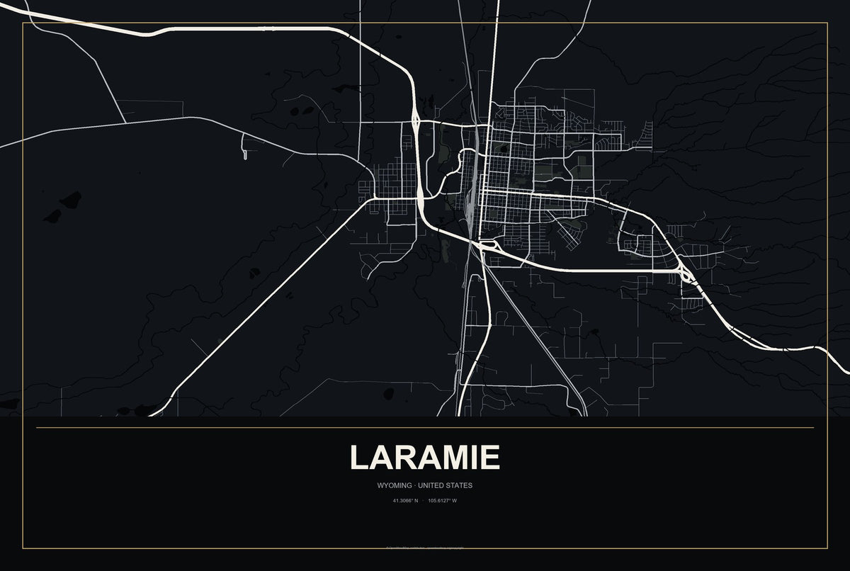 Laramie, Wyoming City Map Aluminum Sign in Metropolitan Noir style