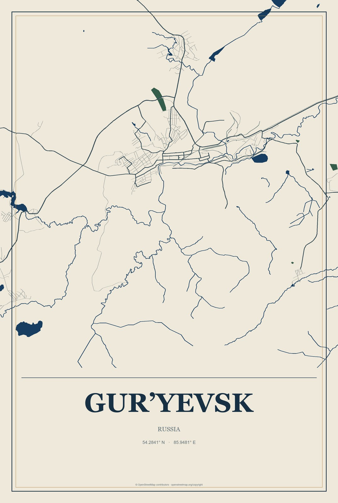 Gur’yevsk, Kuzbass, Russia City Map Aluminum Sign in Coastal Cutout style
