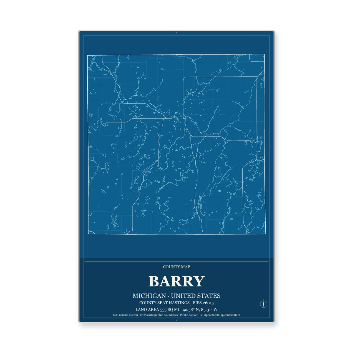Barry County, Michigan Map Aluminum Sign in Harbor Cobalt style