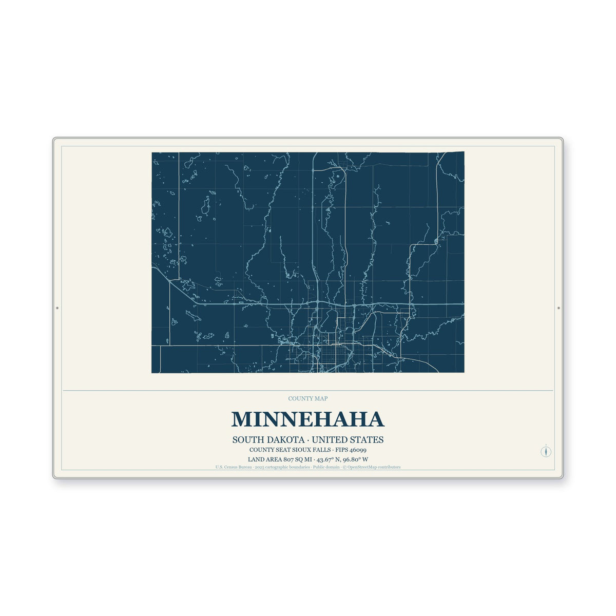 Minnehaha County, South Dakota Map Aluminum Sign in Coastal Cutout style