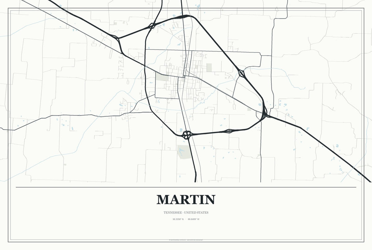 Martin, Tennessee City Map Aluminum Sign in Gallery Air style
