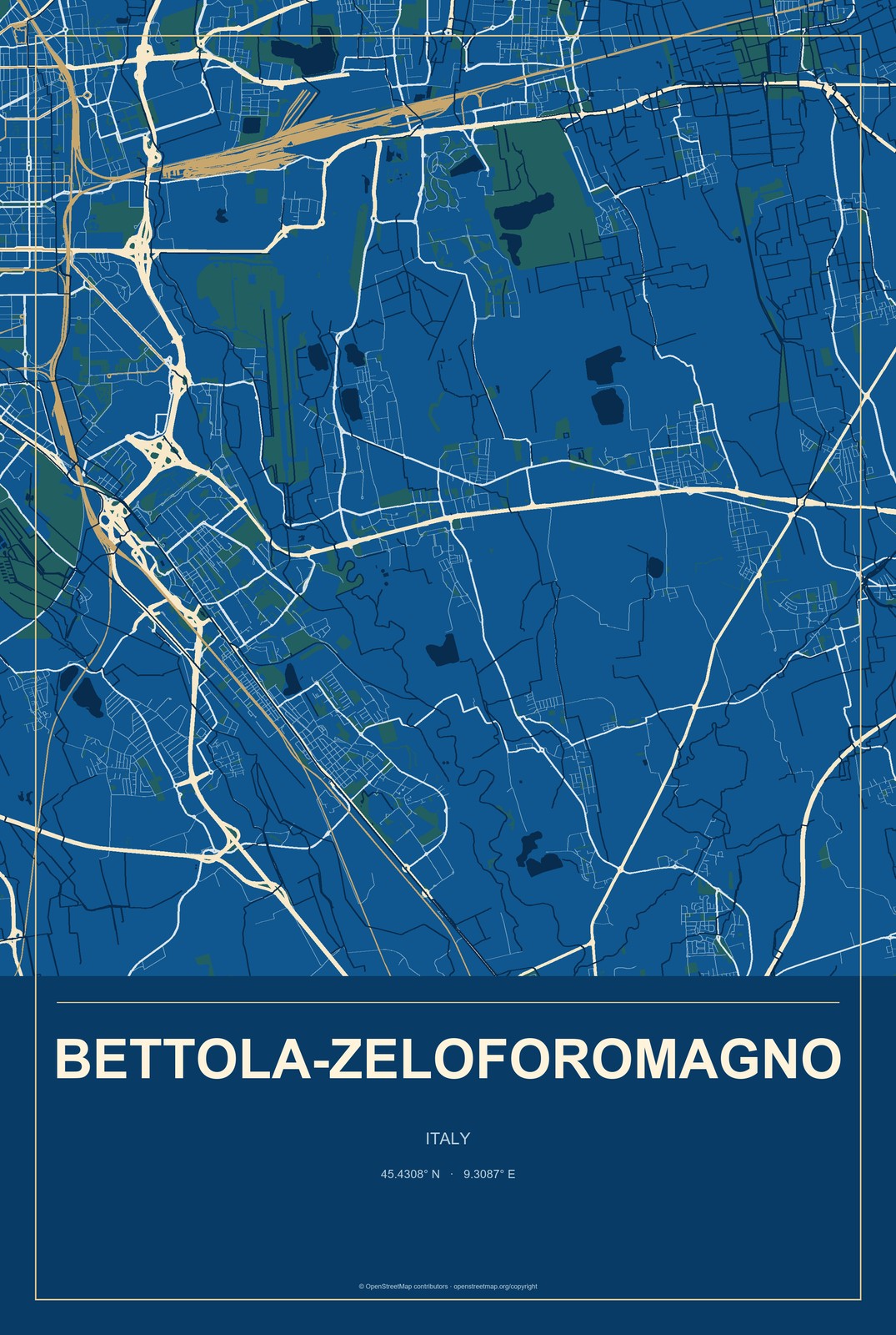 Bettola-Zeloforomagno, Italy City Map Aluminum Sign in Harbor Cobalt style