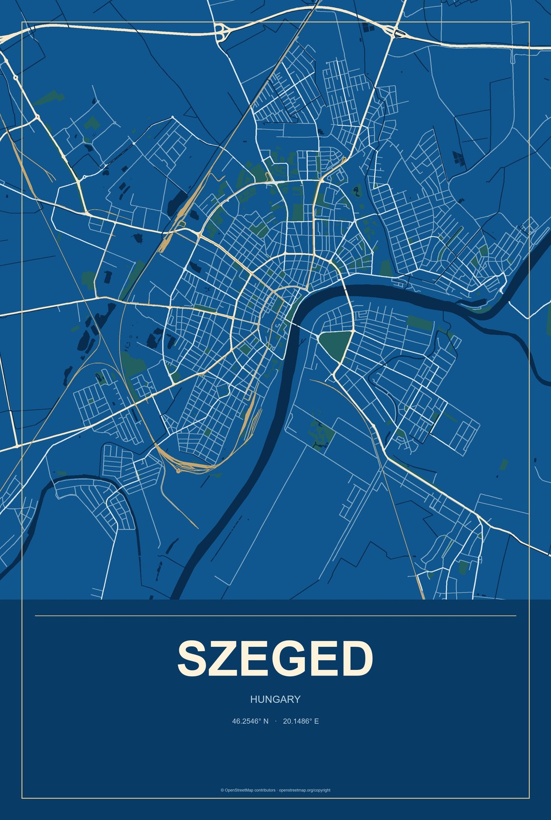 Szeged, Hungary City Map Aluminum Sign in Harbor Cobalt style