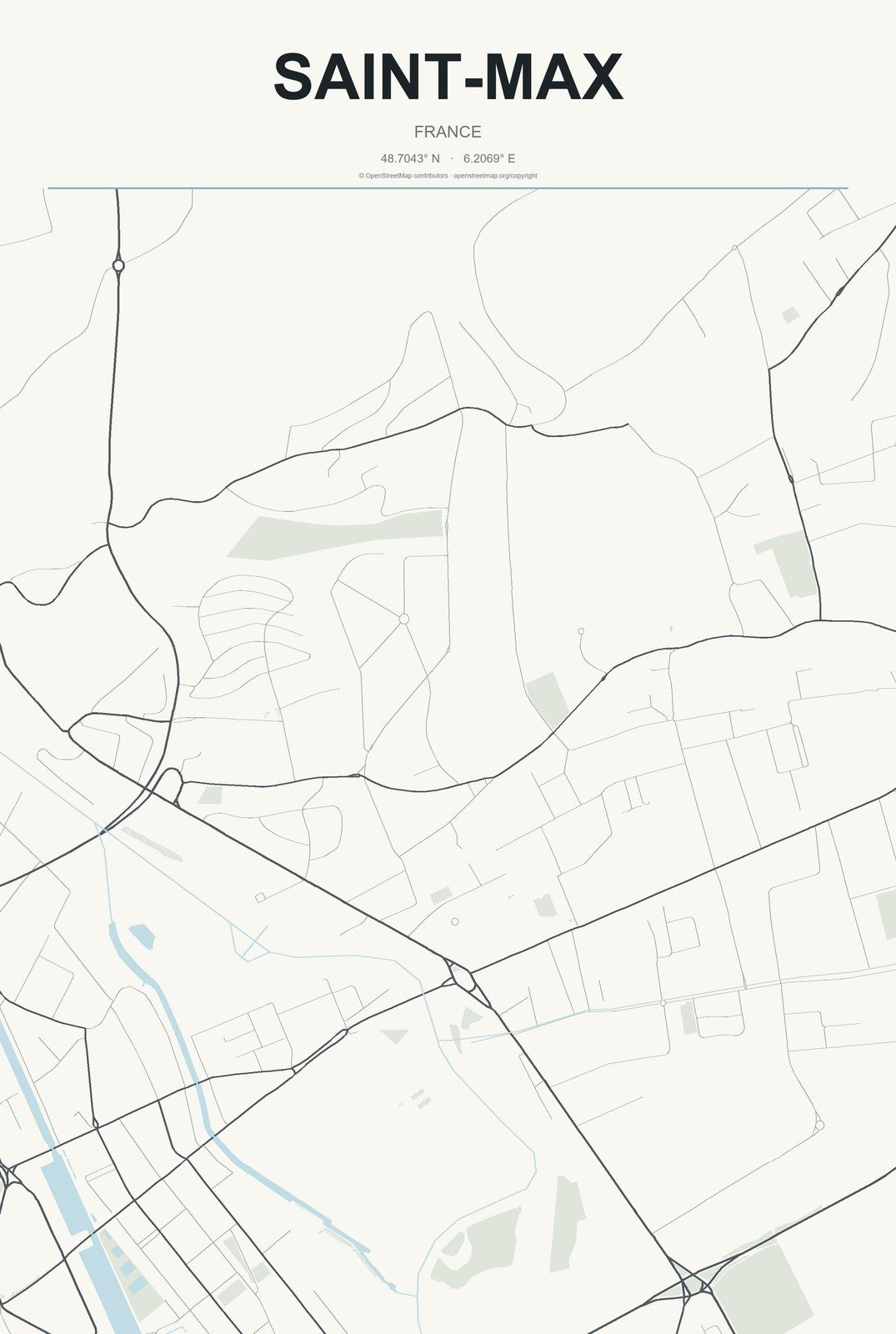 Saint-Max, France City Map Aluminum Sign in Headline Atlas style