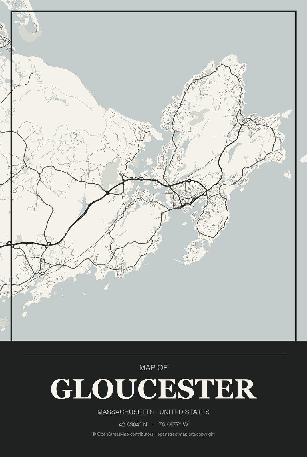 Gloucester, Massachusetts City Map Aluminum Sign in Museum Plaque style