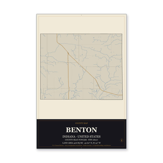 Benton County, Indiana Map Aluminum Sign in Museum Plaque style
