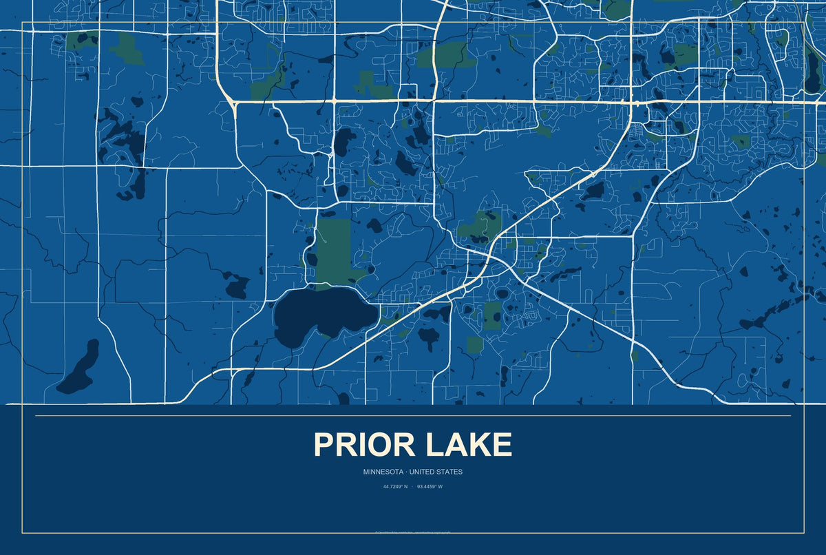 Prior Lake, Minnesota City Map Aluminum Sign in Harbor Cobalt style