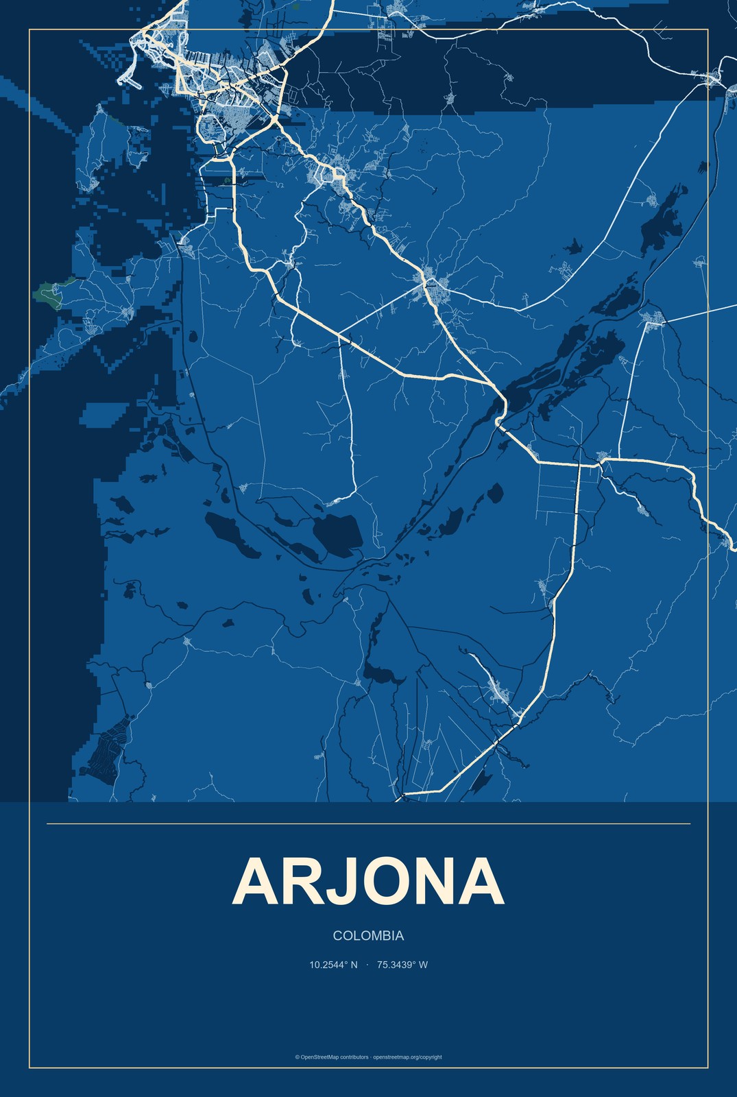 Arjona, Colombia City Map Aluminum Sign in Harbor Cobalt style
