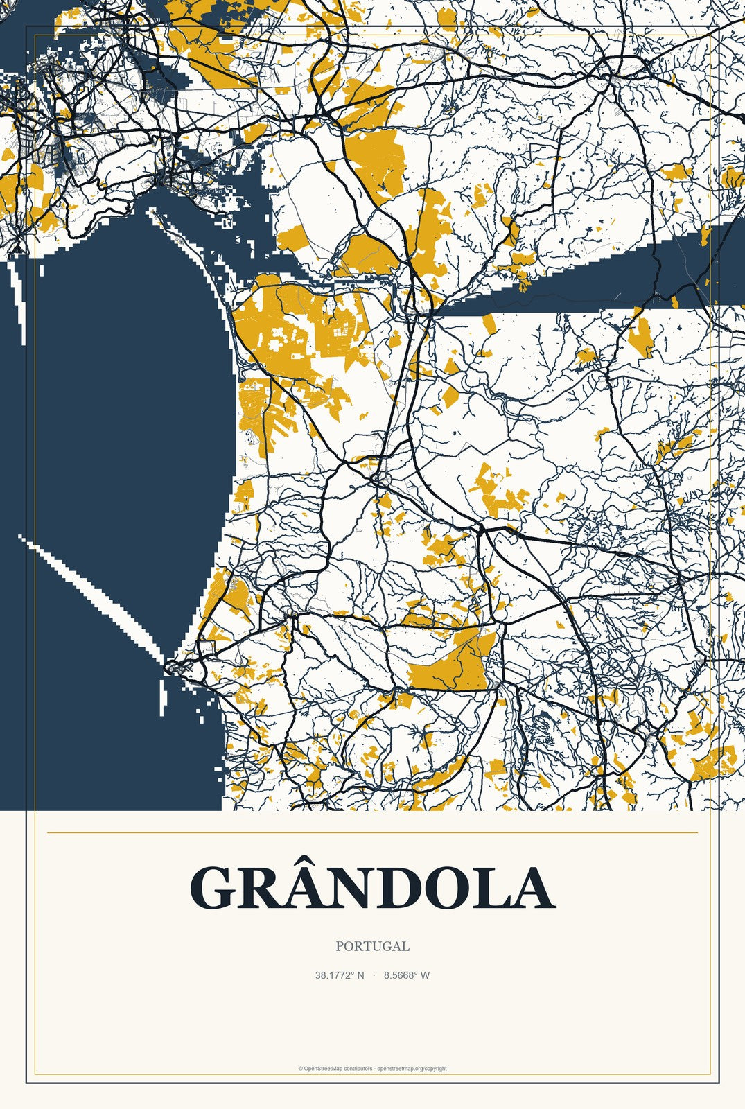 Grândola, Portugal City Map Aluminum Sign in Citrine Modern style