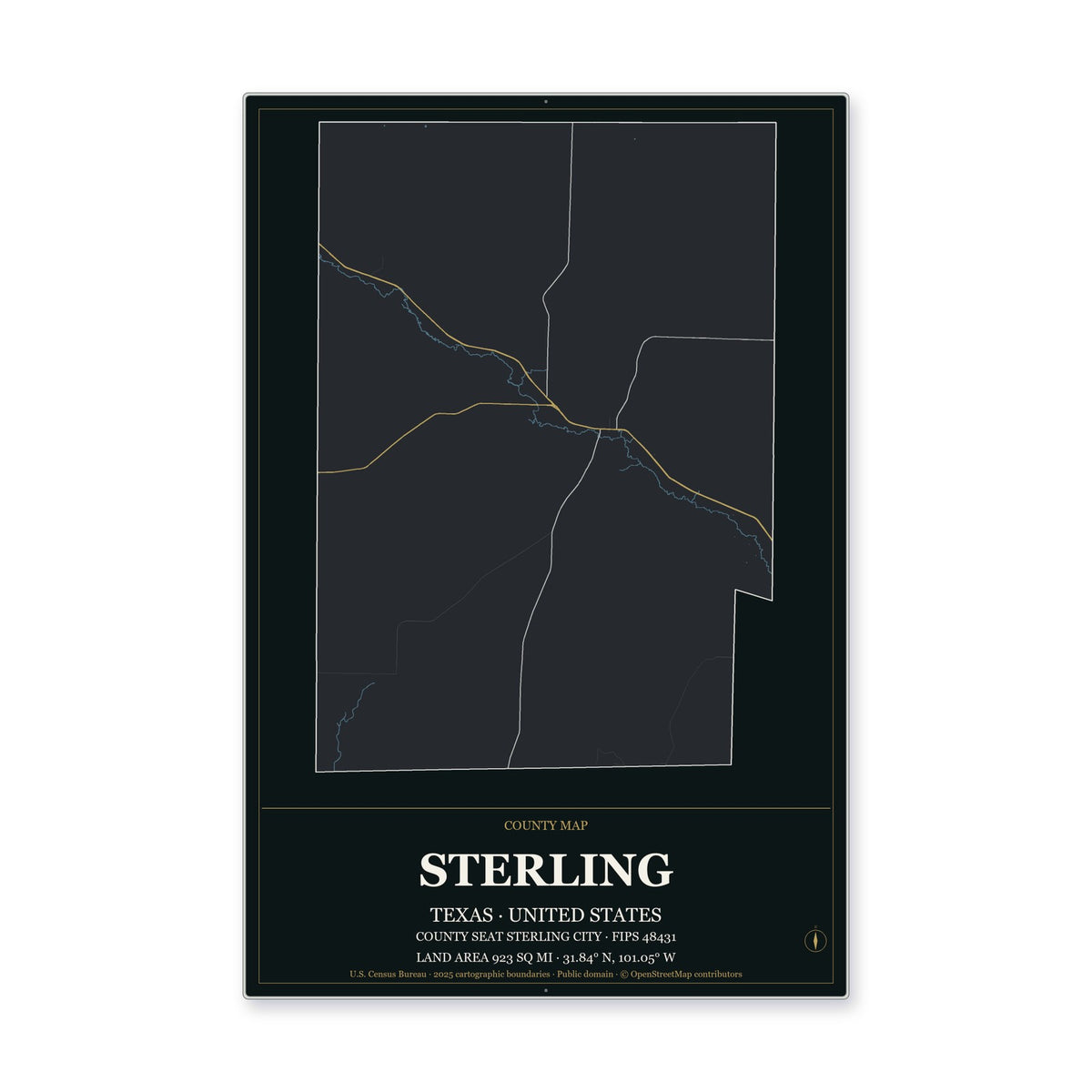Sterling County, Texas Map Aluminum Sign in Metropolitan Noir style