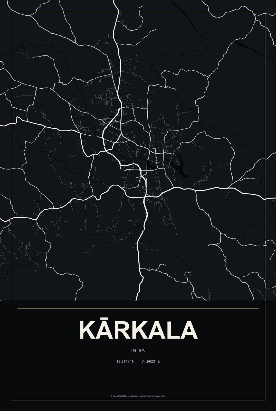 Kārkala, India City Map Aluminum Sign in Metropolitan Noir style