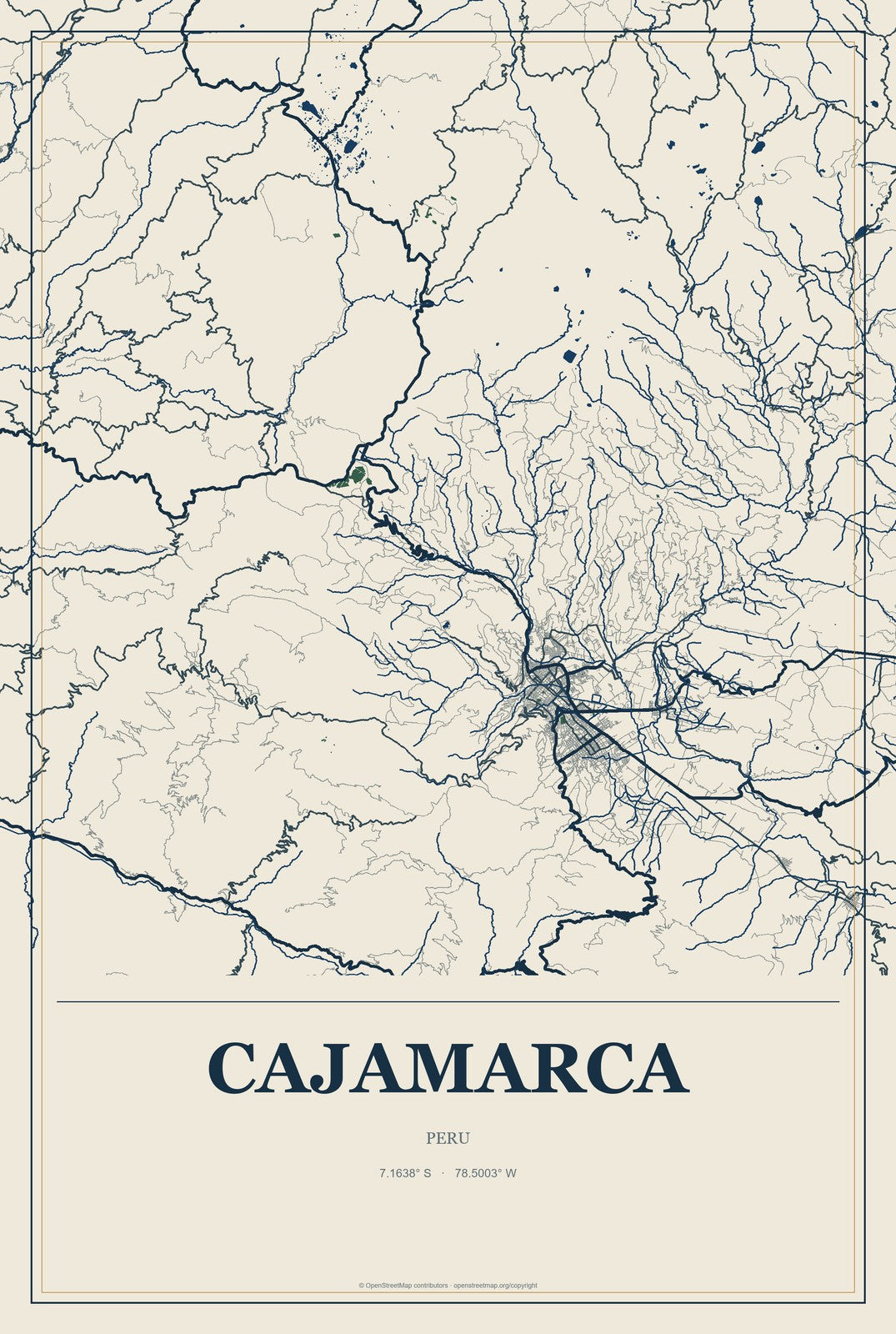 Cajamarca, Peru City Map Aluminum Sign in Coastal Cutout style