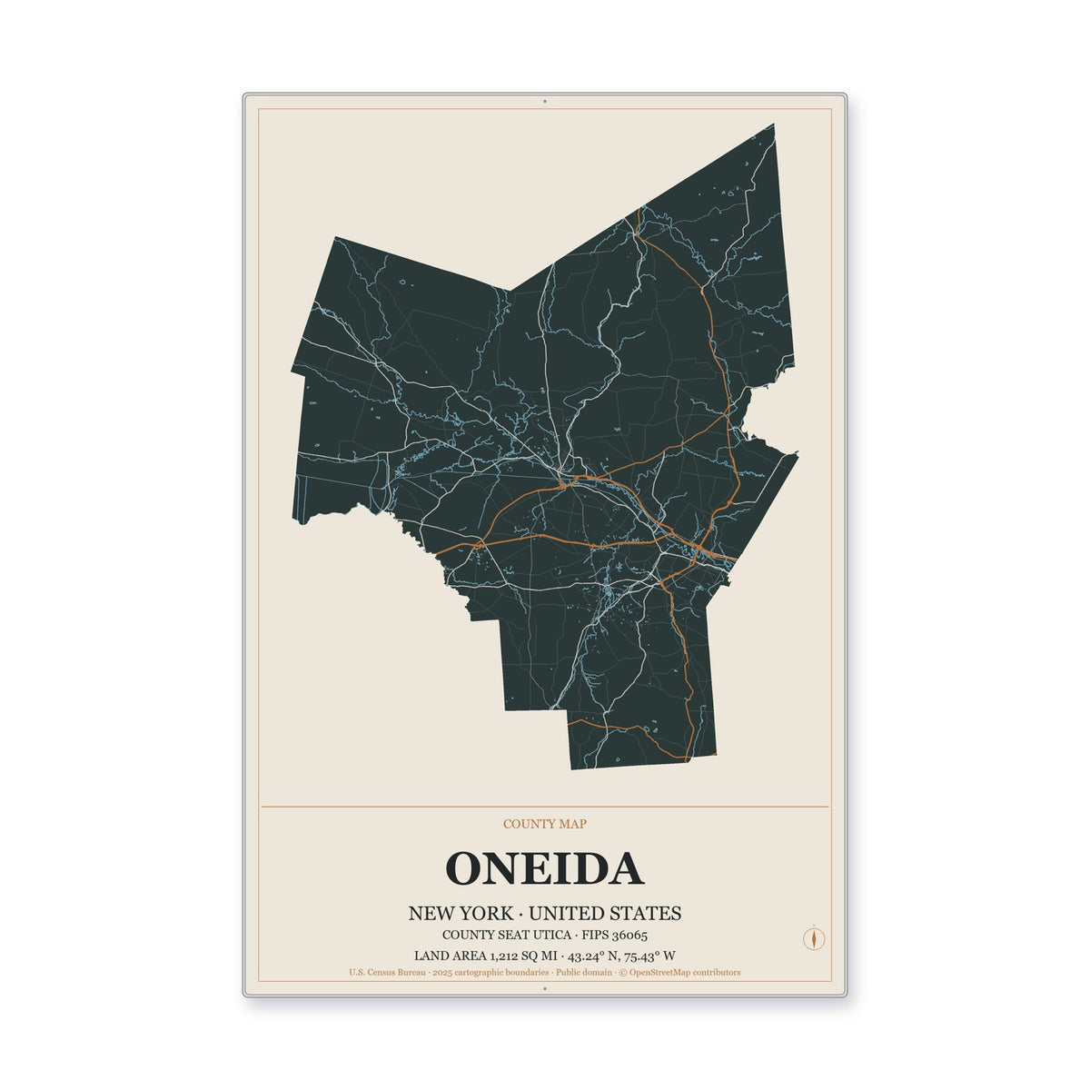 Oneida County, New York Map Aluminum Sign in Headline Atlas style