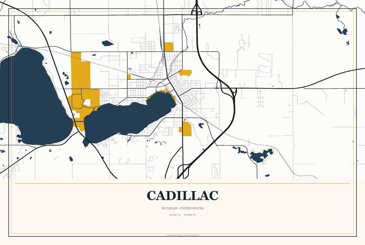 Cadillac, Michigan City Map Aluminum Sign in Citrine Modern style