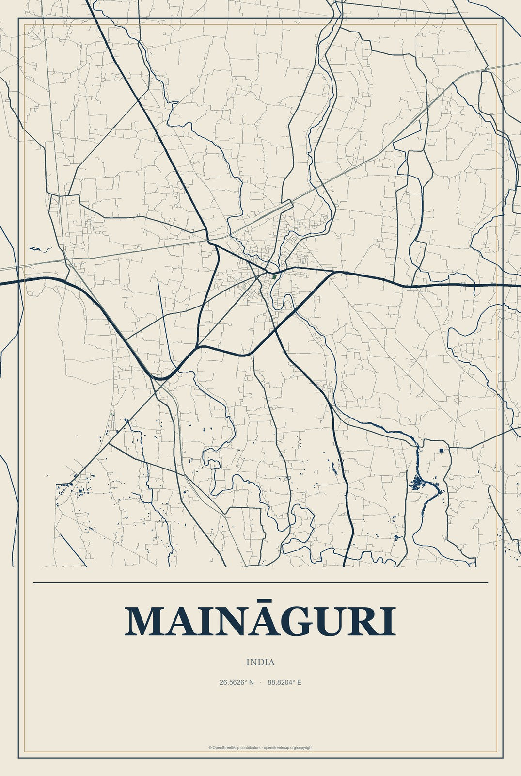 Maināguri, India City Map Aluminum Sign in Coastal Cutout style