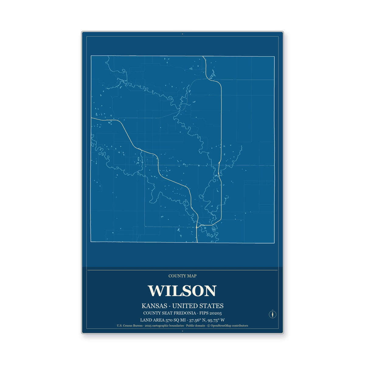 Wilson County, Kansas Map Aluminum Sign in Harbor Cobalt style