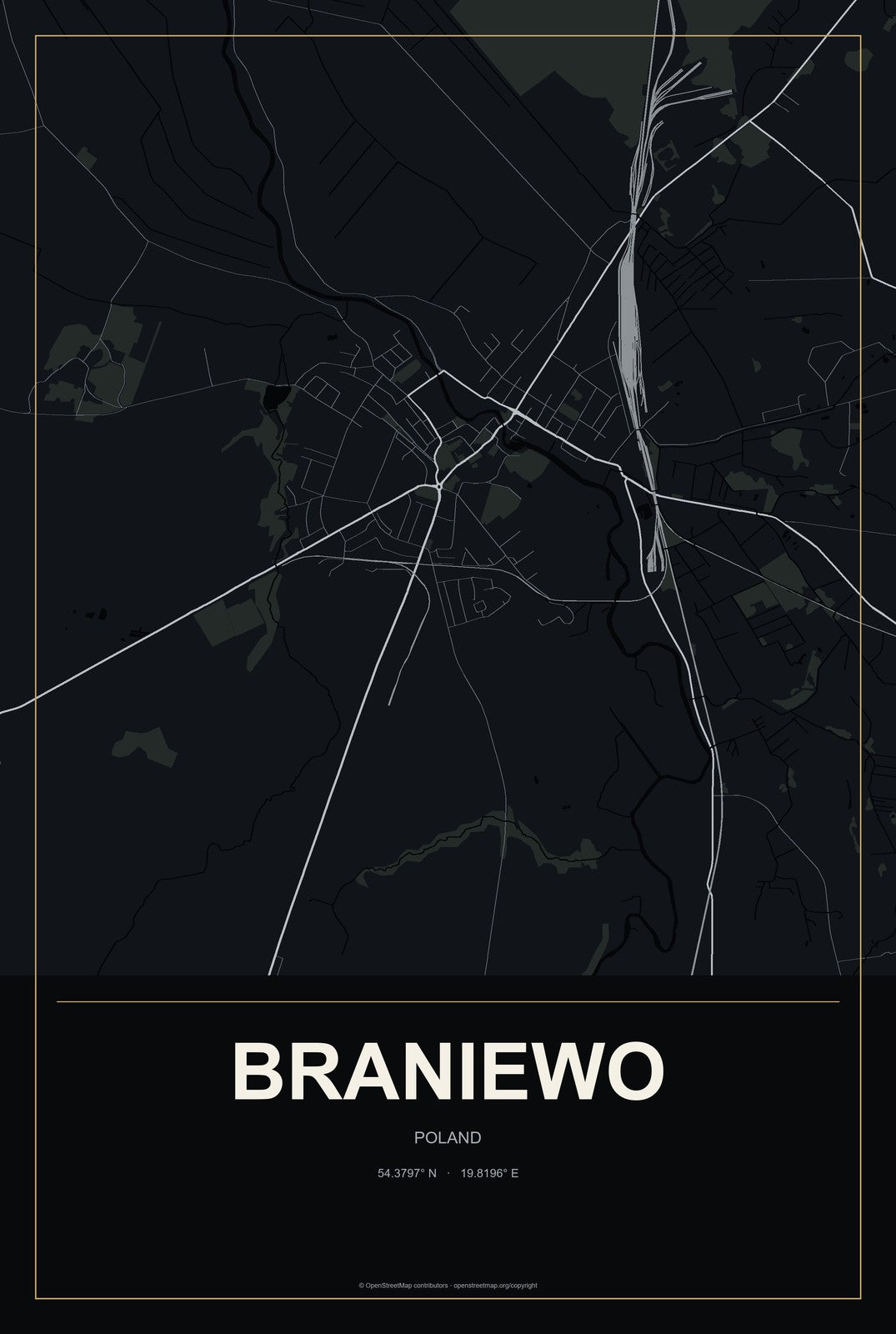 Braniewo, Poland City Map Aluminum Sign in Metropolitan Noir style