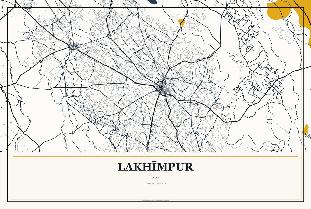 Lakhīmpur, India City Map Aluminum Sign in Citrine Modern style