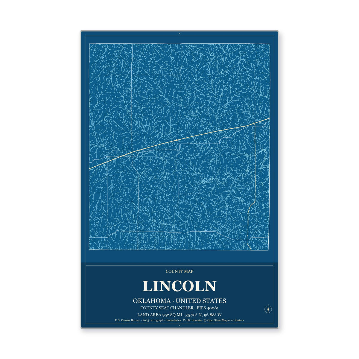 Lincoln County, Oklahoma Map Aluminum Sign in Harbor Cobalt style