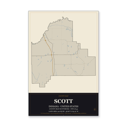 Scott County, Indiana Map Aluminum Sign in Museum Plaque style