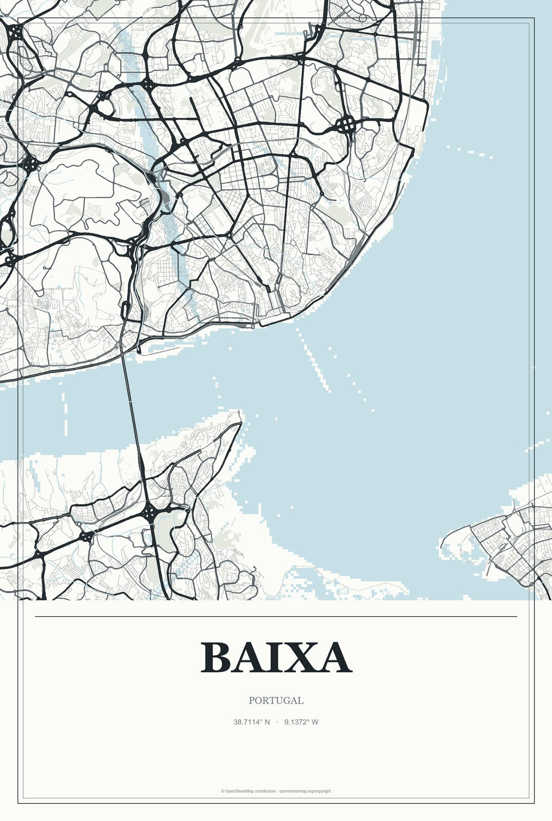 Baixa, Portugal City Map Aluminum Sign in Gallery Air style