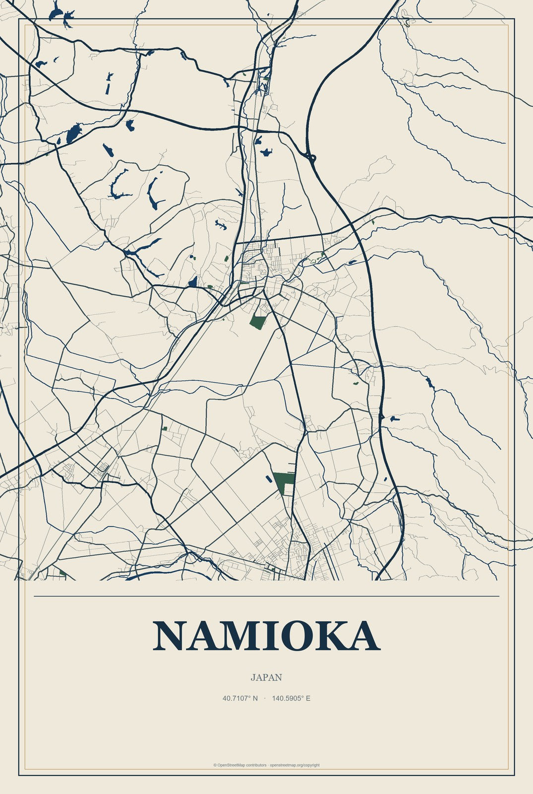 Namioka, Japan City Map Aluminum Sign in Coastal Cutout style