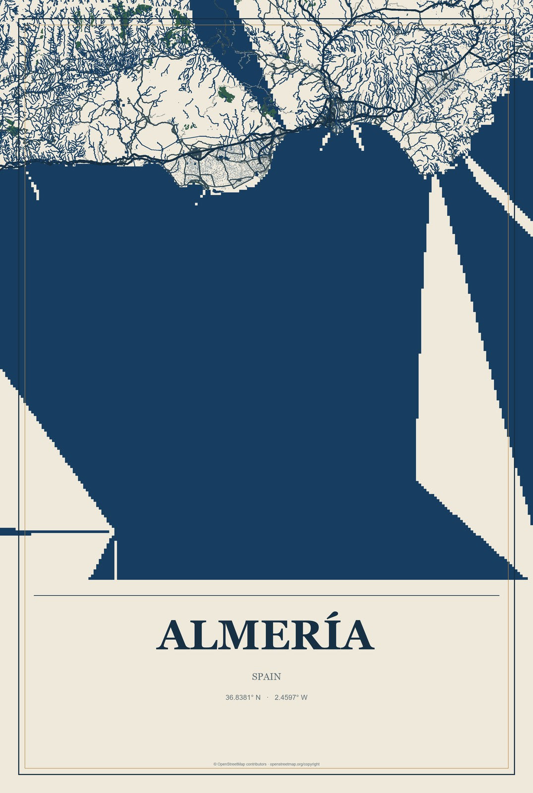 Almería, Spain City Map Aluminum Sign in Coastal Cutout style