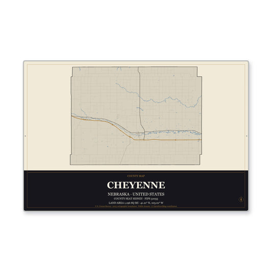 Cheyenne County, Nebraska Map Aluminum Sign in Museum Plaque style