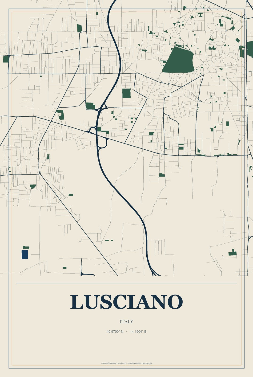 Lusciano, Italy City Map Aluminum Sign in Coastal Cutout style