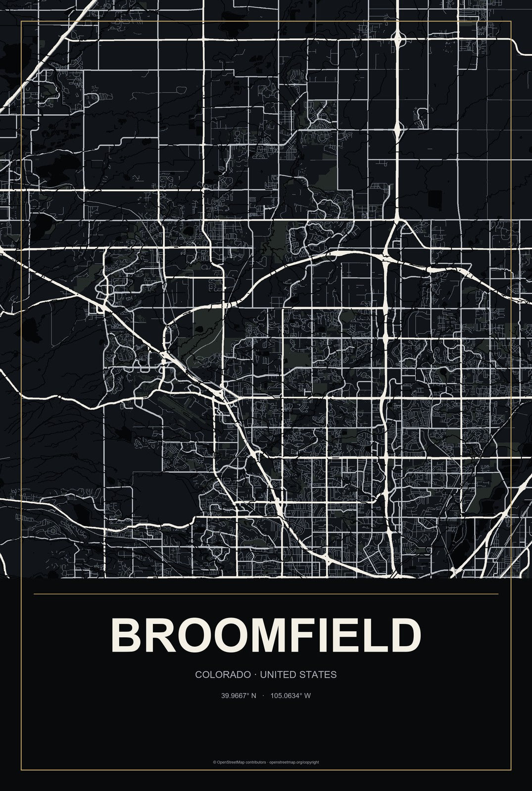 Broomfield, Colorado City Map Aluminum Sign in Metropolitan Noir style