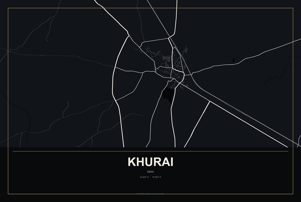 Khurai, India City Map Aluminum Sign in Metropolitan Noir style