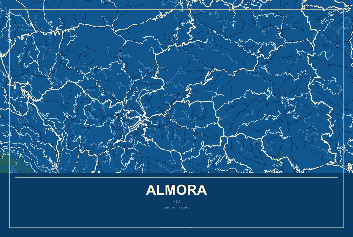 Almora, India City Map Aluminum Sign in Harbor Cobalt style