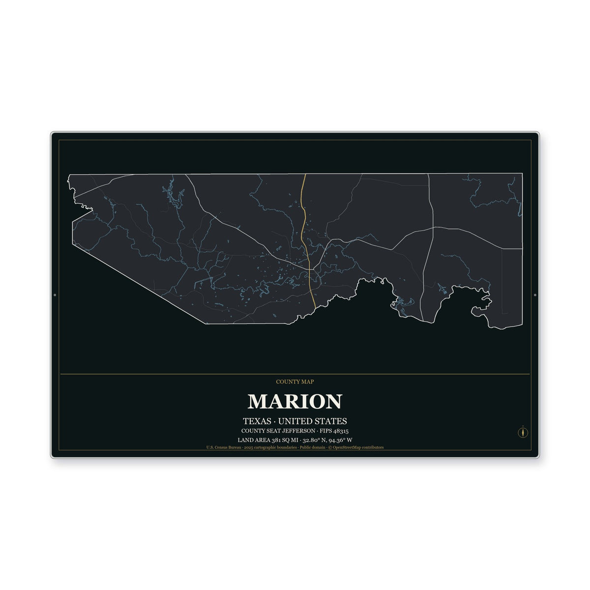 Marion County, Texas Map Aluminum Sign in Metropolitan Noir style