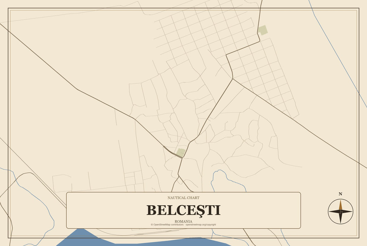 Belceşti, Romania City Map Aluminum Sign in Heritage Nautical style