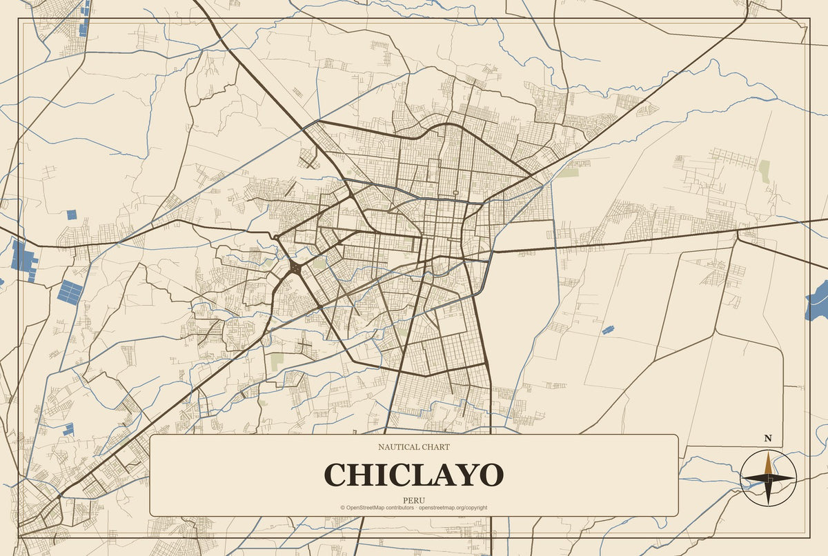 Chiclayo, Peru City Map Aluminum Sign in Heritage Nautical style