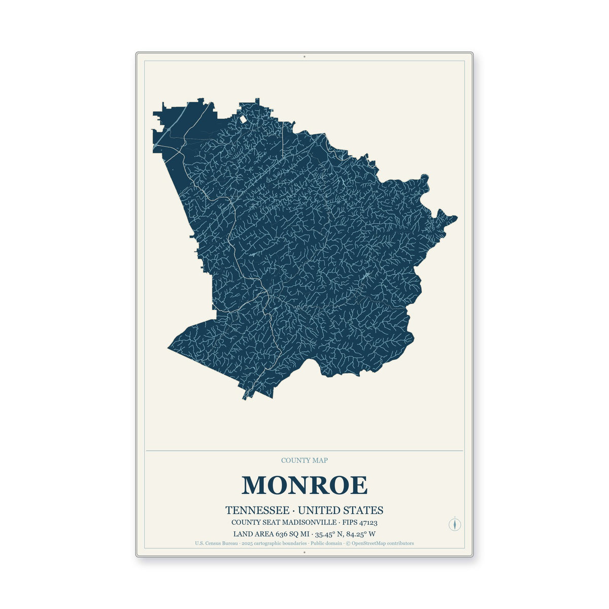 Monroe County, Tennessee Map Aluminum Sign in Coastal Cutout style