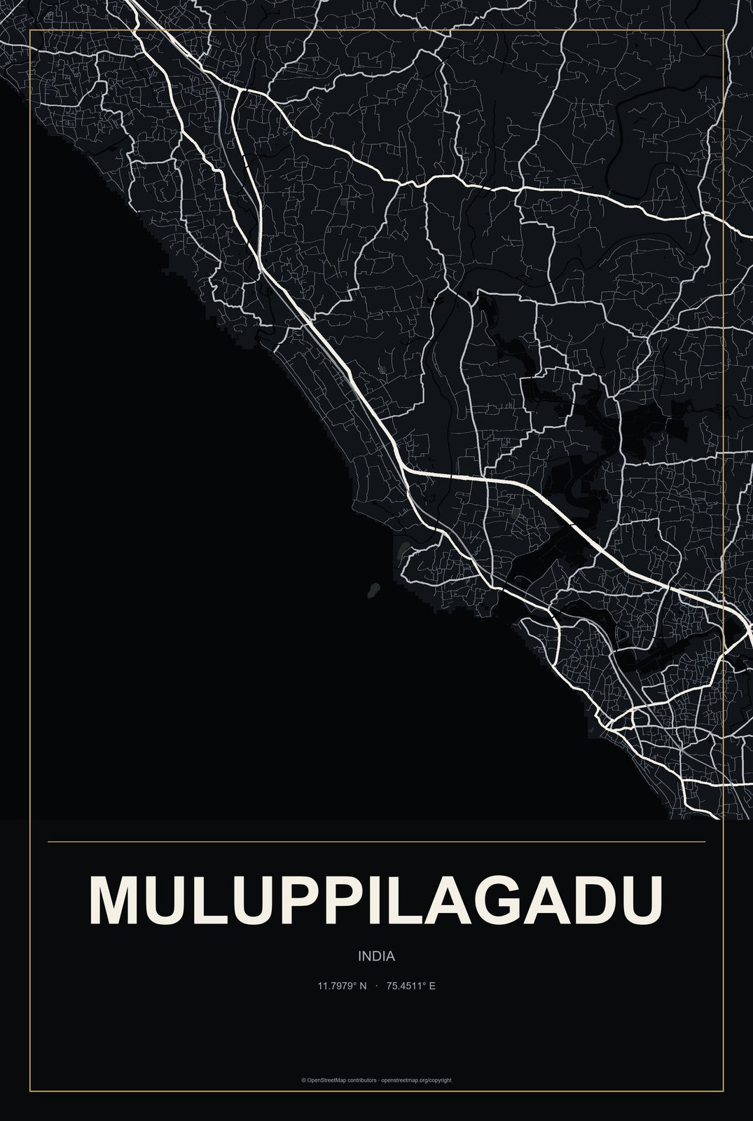 Muluppilagadu, India City Map Aluminum Sign in Metropolitan Noir style