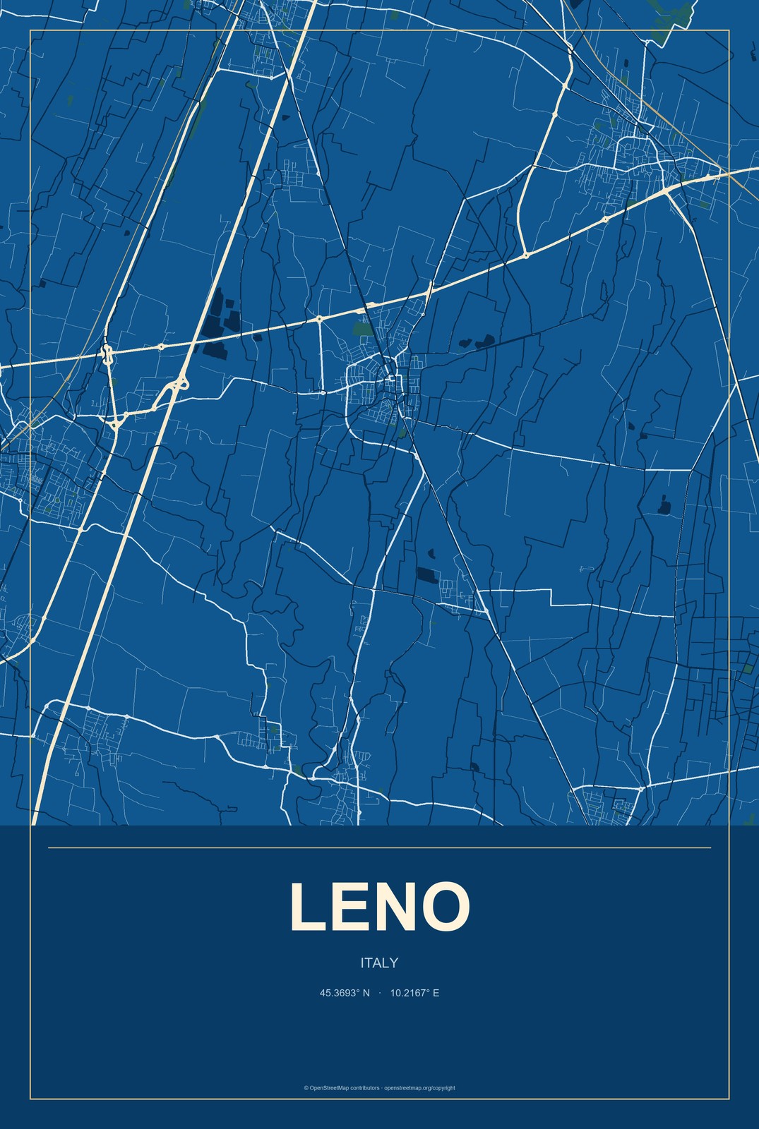 Leno, Italy City Map Aluminum Sign in Harbor Cobalt style