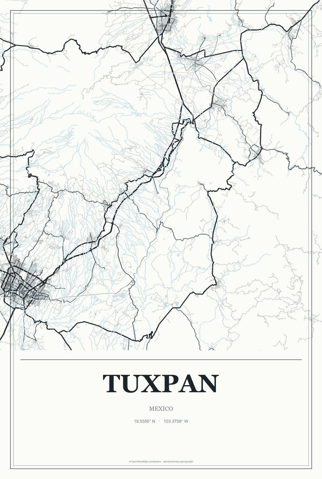 Tuxpan, Jalisco, Mexico City Map Aluminum Sign in Gallery Air style