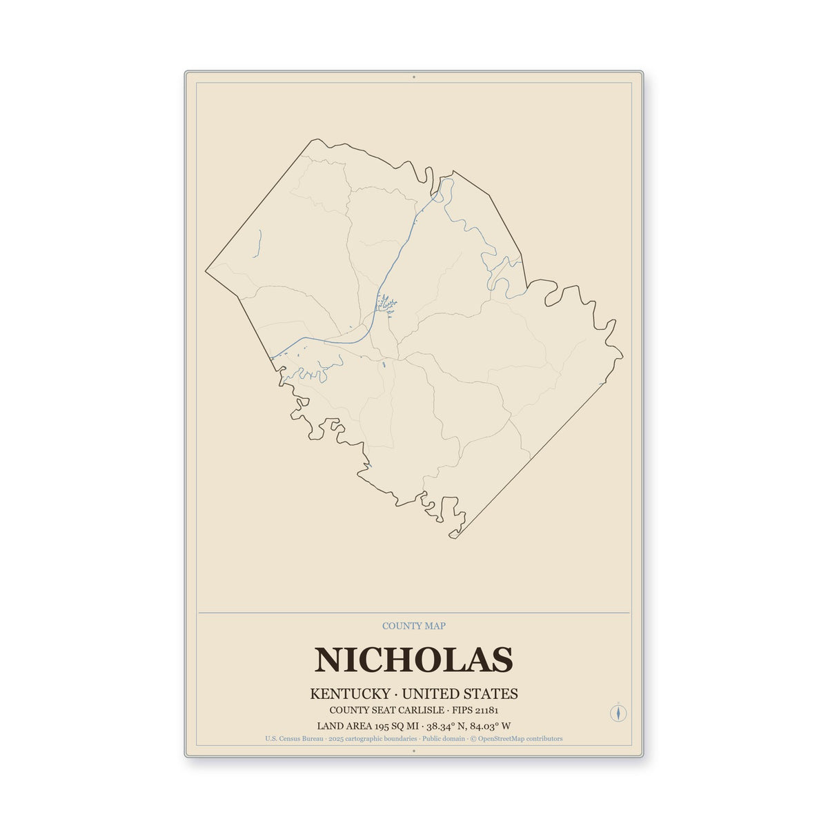 Nicholas County, Kentucky Map Aluminum Sign in Heritage Nautical style