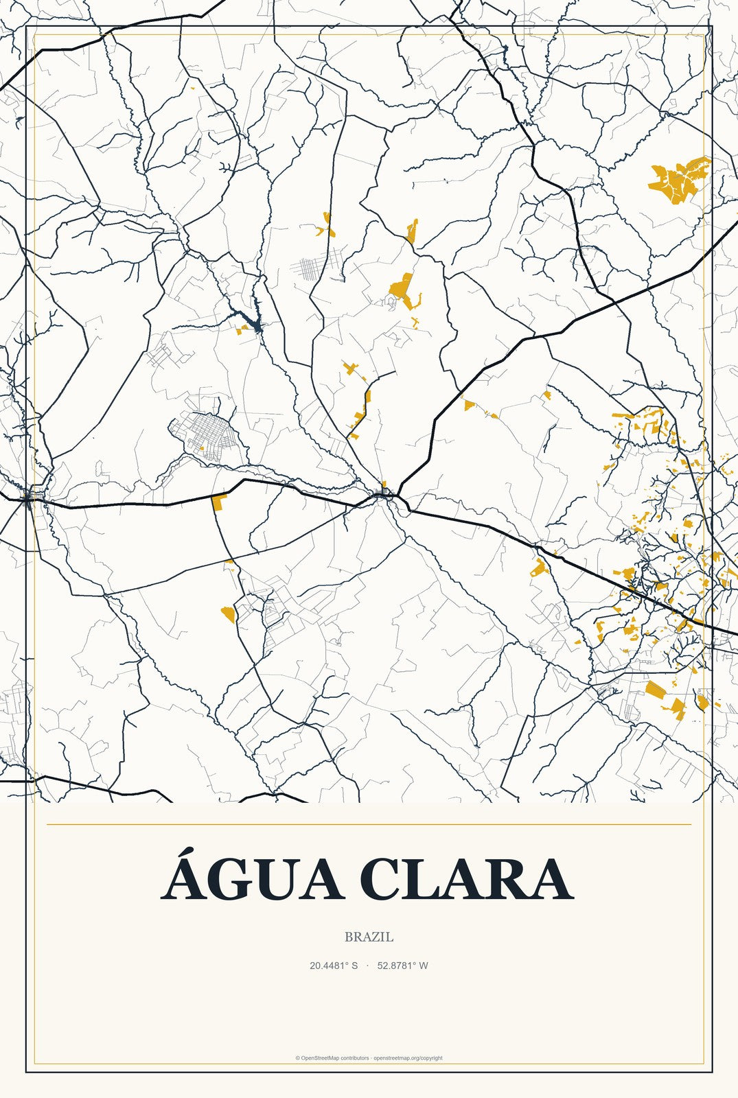 Água Clara, Brazil City Map Aluminum Sign in Citrine Modern style
