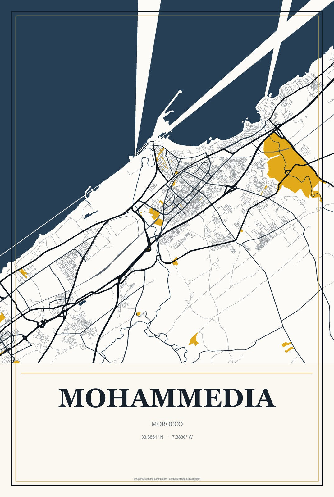 Mohammedia, Morocco City Map Aluminum Sign in Citrine Modern style