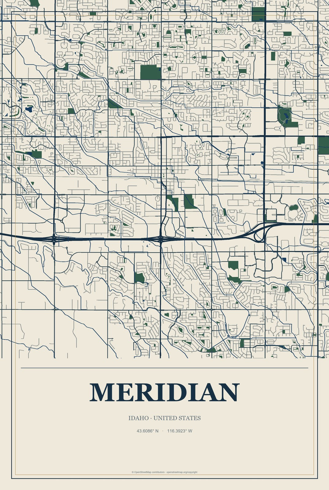 Meridian, Idaho City Map Aluminum Sign in Coastal Cutout style