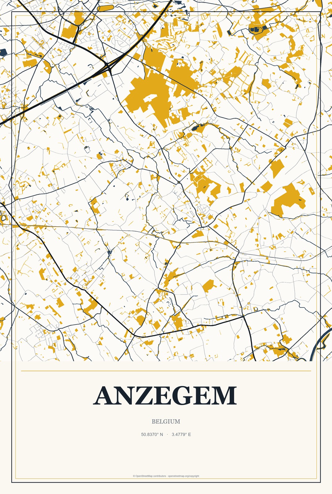 Anzegem, Belgium City Map Aluminum Sign in Citrine Modern style