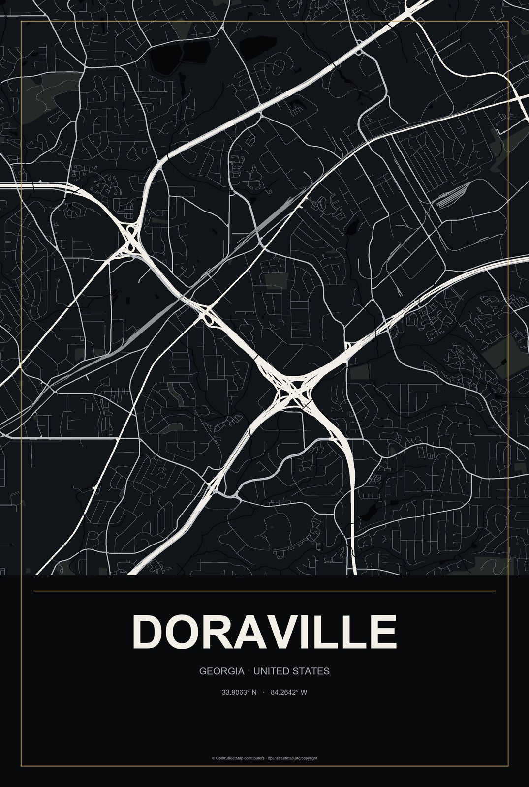 Doraville, Georgia City Map Aluminum Sign in Metropolitan Noir style
