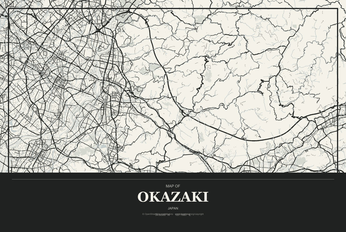 Okazaki, Japan City Map Aluminum Sign in Museum Plaque style