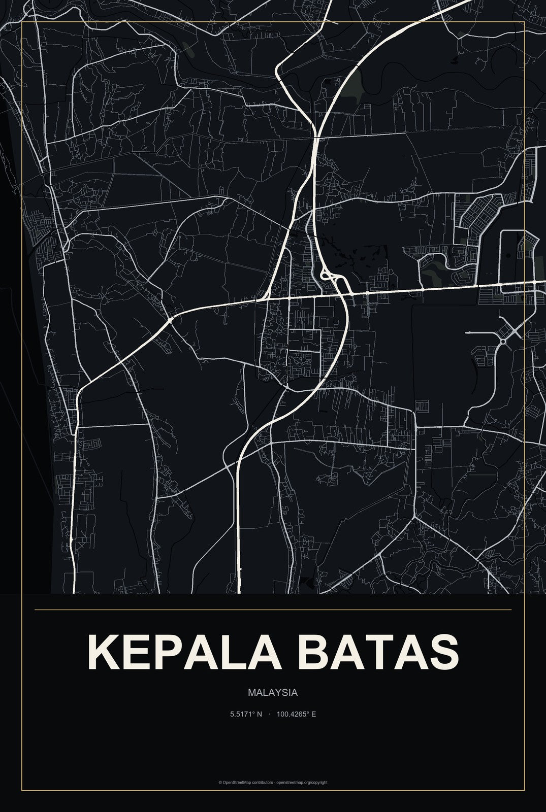 Kepala Batas, Penang, Malaysia City Map Aluminum Sign in Metropolitan Noir style