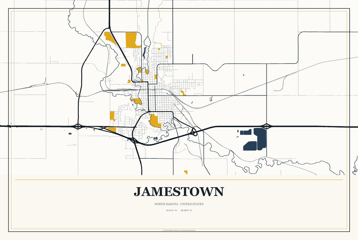 Jamestown, North Dakota City Map Aluminum Sign in Citrine Modern style